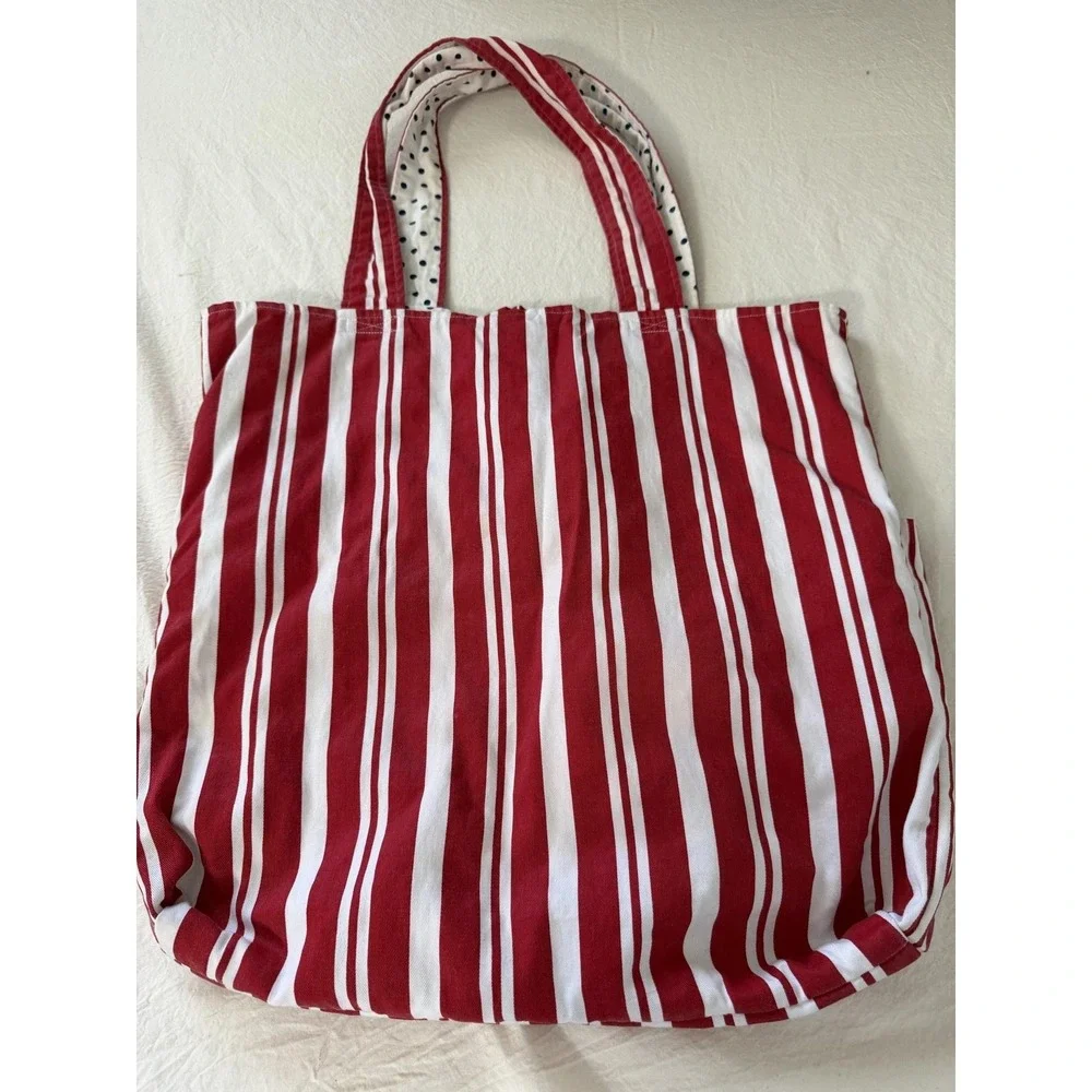 Womens Large Red Stripe Nautical Hello Sailor Reversible Denim Tote